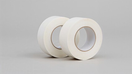 Pair of white duct tapes partially unwound on a muted grey surface.