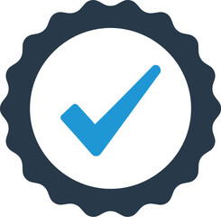 Vector art of blue check mark inside a dark blue seal representing approval and validation for quality assurance and successful verification