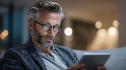A middle-aged Caucasian man using a digital tablet for remote work in a minimalist, modern home with clean negative space for text overlay.