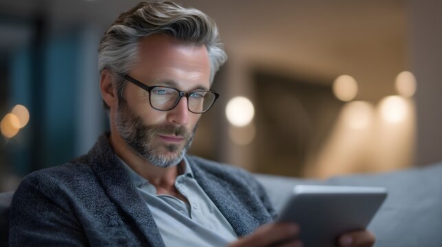 A middle-aged Caucasian man using a digital tablet for remote work in a minimalist, modern home with clean negative space for text overlay.