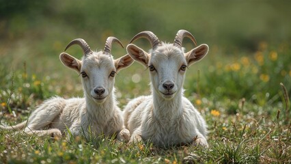 Fototapeta premium Two sweet mountain goat kids enjoying rest time together