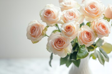 Pale pink roses with natural blemishes in elegant vase on table against white background under soft overhead light