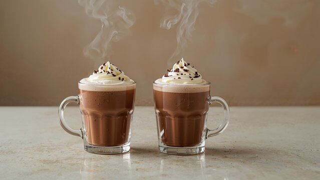 Two servings of hot cocoa garnished with whipped cream