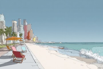 City beach scene with colorful buildings and beach chairs.