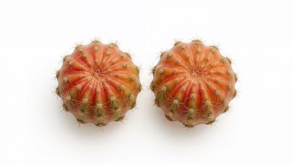 A pair of Opuntia Ficus Indica cactus figs placed on a smooth surface with a plain white background.
