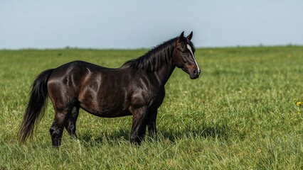 Obraz premium A pair of black horses roaming a green meadow in summer, one looking over its shoulder.