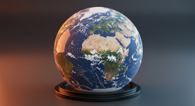 A detailed 3D rendering of planet Earth, showcasing continents, oceans, and cloud formations, resting on a dark circular stand against a gradient background. - Powered by Adobe