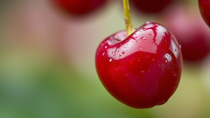 A close-up of a ripe cherry with water droplets, vibrant red against a softly blurred background.