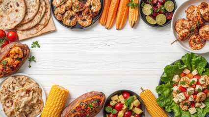 Top view of a summer BBQ featuring chicken and shrimp skewers, flatbread, stuffed sweet potato, grilled fruit, corn, and salad on a white wooden banner with double border and copy space.