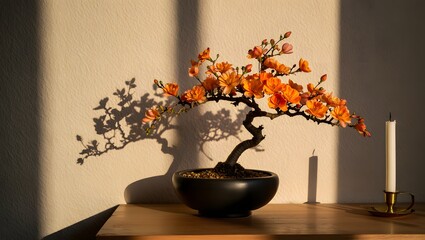 Stunning Bonsai Tree with Orange Blossoms and Candle on Wooden Table