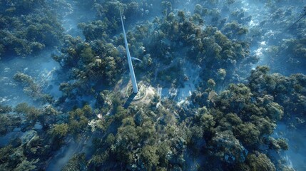 Fototapeta premium Aerial view of a tall white structure in a lush forest