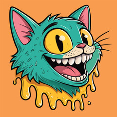 Psychedelic cartoon cat with a wide grinning mouth and dripping yellow substance