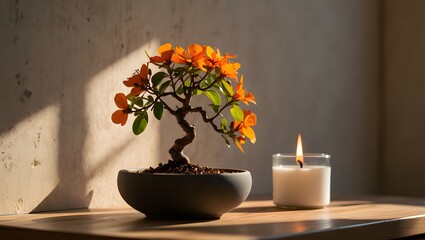 Serene Bonsai Tree with Lit Candle on Wooden Table