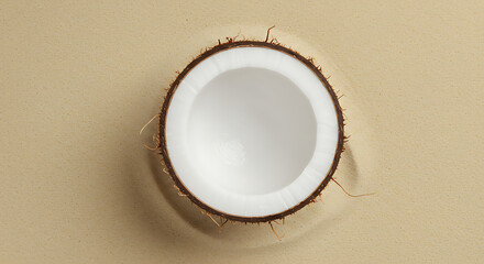 Use a cleaned, halved coconut shell or husk placed on soft beach sand. The inner surface acts as a natural bowl mockup, ideal for eco food, spa, or tropical product branding.

