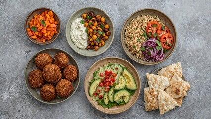 Fototapeta premium Assortment of falafel, hummus, tabouleh, pita bread, and vegetables displayed on a concrete backdrop, aerial view