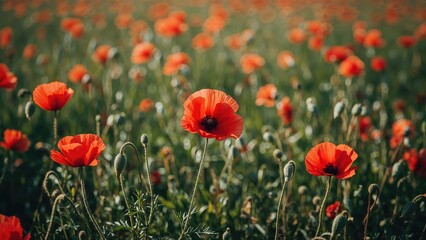 Natural red blossoms thriving in a serene wild clearing