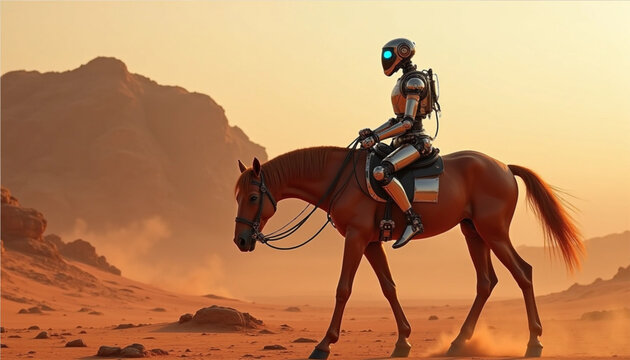 Futuristic Robot Riding Horse on Mars