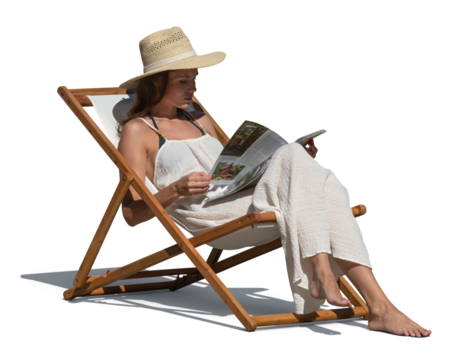 Woman in a white summer dress and wearing a hat sitting in a garden chair in the sun and reading a magazine, isolated on transparent and white background