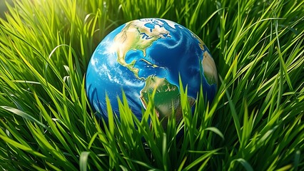 Fototapeta premium Globe nestled in lush green grass, symbolizing environmental care under gentle sunlight.