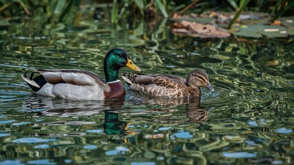 Fototapeta premium A couple of mallard ducks navigating a vibrant green pond