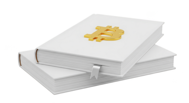 Stacked white books with golden digital currency symbol