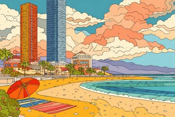 Colorful beach scene with city skyline.