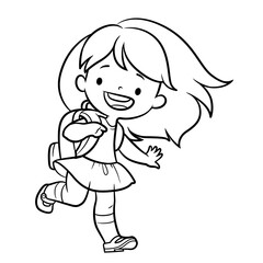 Cute girl with school backpack running forward lineart drawing