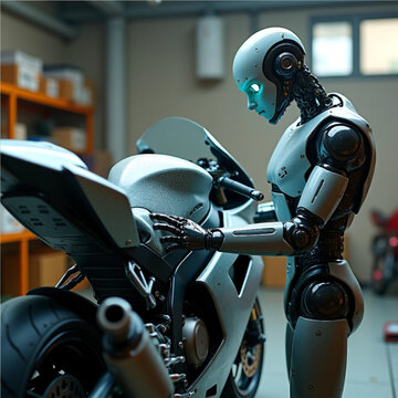 Futuristic Robot Doing Maintenance of a Motorcycle