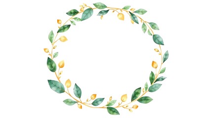 A circular wreath of watercolor leaves with gold accents, exuding artistic charm and harmony.