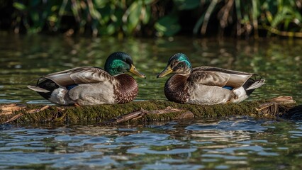Two ducks lounging on a timber by the shoreline, surrounded by soft ripples, depicting a serene natural scene