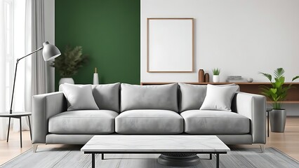 Modern living space featuring a minimalist grey sofa with marble accents against a green wall, softly lit with a clean composition.