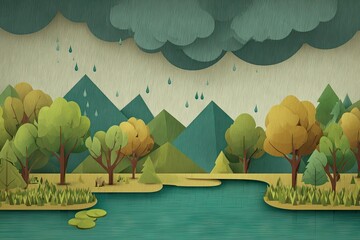 A serene landscape scene of rain falling on a tranquil forest.