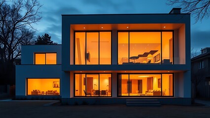 A modern minimalist home glows warmly at dusk, framed by large windows and twilight hues.