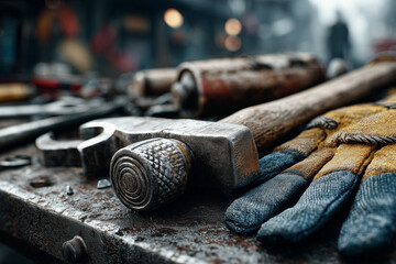 Hard hat and blueprints on a construction site