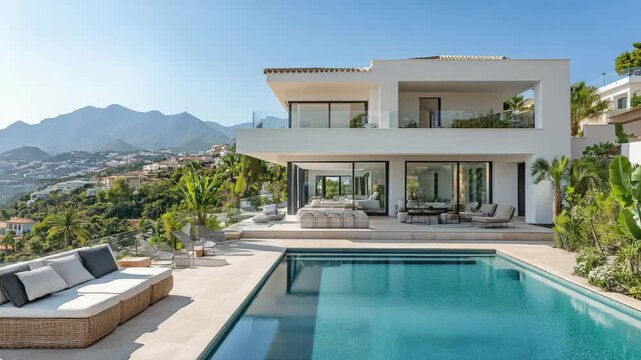 Luxury villa with stunning pool and mountain views offering a modern tropical retreat, Marbella