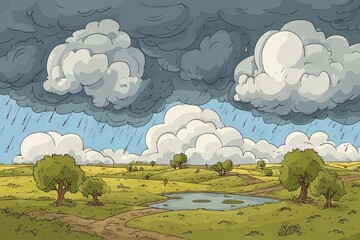 A rural landscape under a stormy sky.