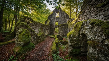 Obraz premium Ancient Remains Amidst a Lush Forest Setting, Nature, Exploration, Scenic, Verdant, Moss-Covered, Daytime, Popular Destination, Historic Site, Rural