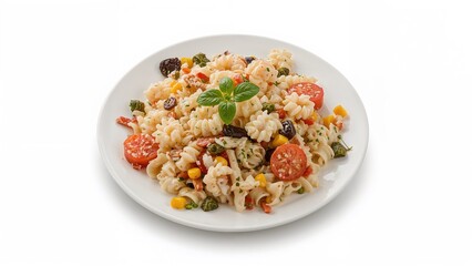 Creative seafood pasta dish with crab sticks, sweet corn, raisins, and veggies served on white