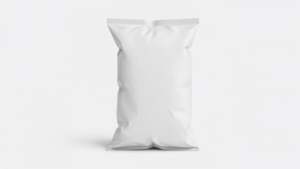 Blank white foil pillow bag for snacks on a white backdrop. Packaging design mockup set with clipping path. Chips packaging shown from the rear.