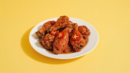Red chili peppers and crispy chicken wings served on yellow