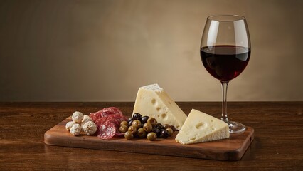 Vintage cheese paired with salami and olives next to a red wine glass on a wooden table