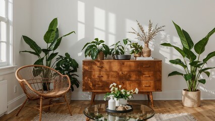 Vertical angle capturing a refined and tranquil living space with cozy boho vibes, wicker seating, fresh plants in pots adjacent to a decorative cabinet