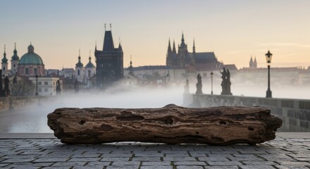 Sunrise in Prague with aged oak, Gothic towers, Charles Bridge and Prague Castle