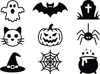 Black and White Halloween Icons Ghost, Bat, Tombstone, Cat, Pumpkin, Spider, Cauldron