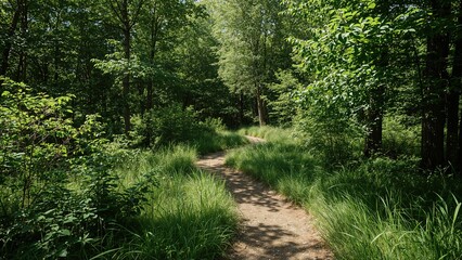 Fototapeta premium Bright daytime nature walk in a garden filled with trees and shrubs