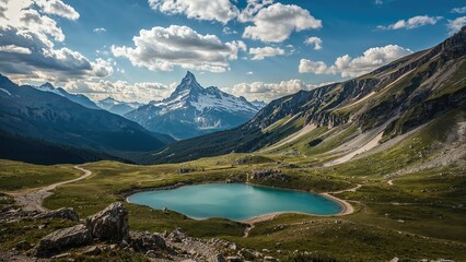 Beautiful aerial perspective of a verdant valley with water bodies and majestic snow-topped mountains in the distance.