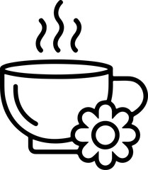 Simple line art icon of a steaming coffee cup with a daisy flower