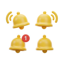 Collection of four 3d rendered yellow notification bells with sound waves and a red badge
