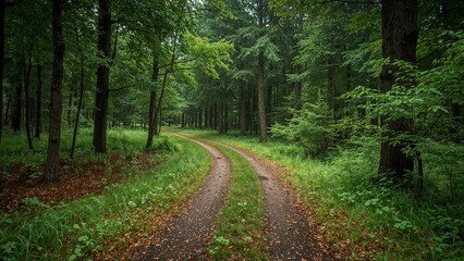 Obraz premium Colorful pathway weaving through dense foliage in a vivid green woodland.