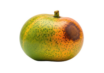 Vibrant, ripe mango showcases natural blemishes and ripening colors, perfect for healthy eating concepts.
